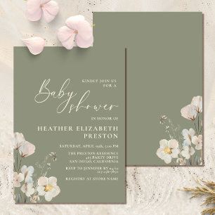 Invitation Élégant Baby shower Fleur sauvage Sage Green