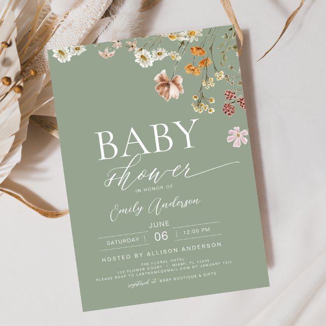 Invitation Élégant Baby shower Fleur sauvage Sage Green Boho (Créateur téléchargé)
