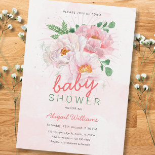 Invitation Élégant Baby shower floral aux pivoines roses