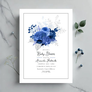 Invitation Elégant Baby shower Floral Bleu