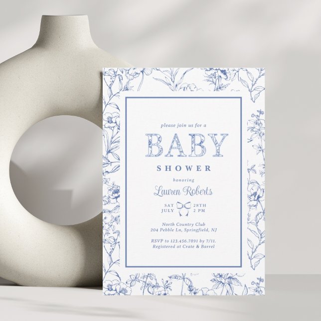 Invitation Elégant Baby shower Floral Bleu & Blanc (Créateur téléchargé)