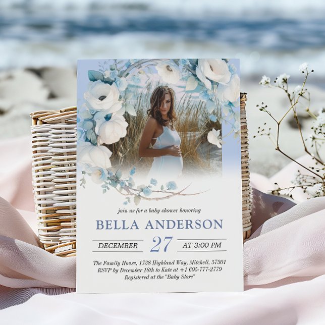 Invitation Elégant Baby shower Floral bleu Dusty (Elegant Dusty Blue Floral Baby Shower Invitation)