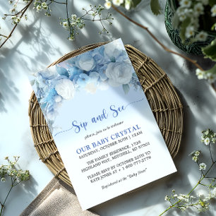 Invitation Elégant Baby shower Floral bleu Dusty Sip et Voir