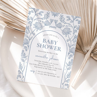 Invitation Elégant Baby shower floral bleu et blanc