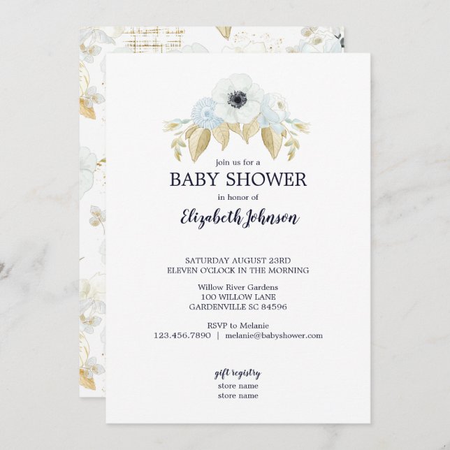 Invitation Elégant Baby shower floral bleu et blanc printemps (Devant / Derrière)