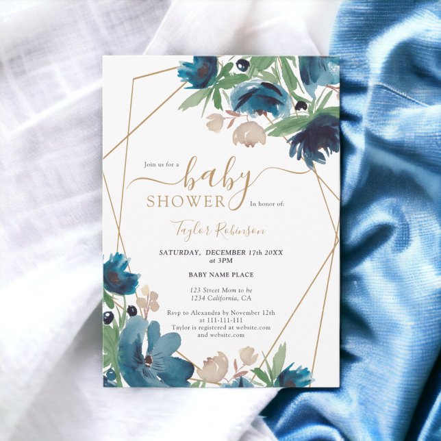Invitation Elégant Baby shower floral bleu poussiéreux (Elegant dusty blue gold Floral Baby shower Invitation)