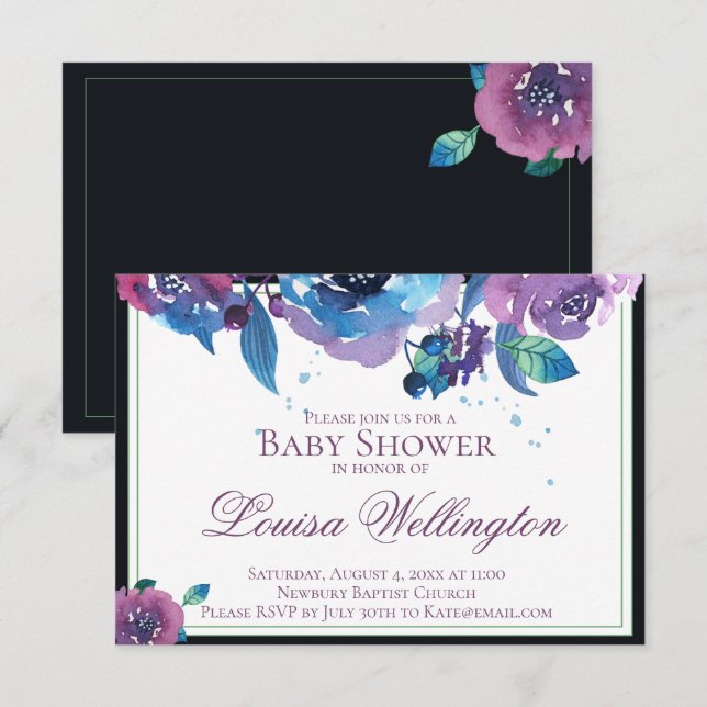 Invitation Élégant Baby shower Floral bleu violet clair (Devant / Derrière)