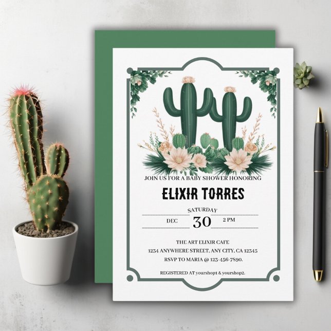 Invitation Elégant Baby shower Floral Boho Moderne Cactus (Créateur téléchargé)