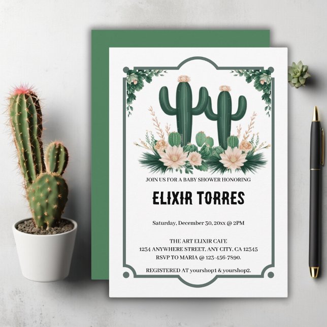 Invitation Elégant Baby shower Floral Boho Moderne Cactus (Créateur téléchargé)