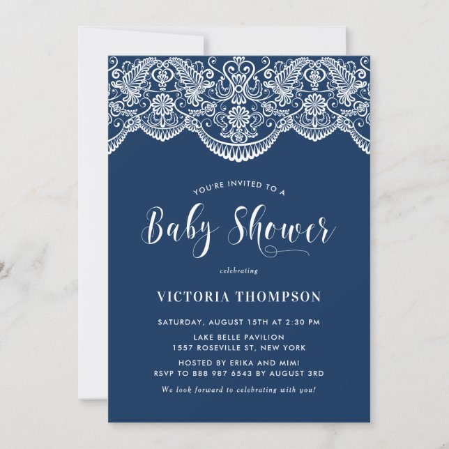 Invitation Elégant Baby shower floral Brocade Lace Bleu (Devant)