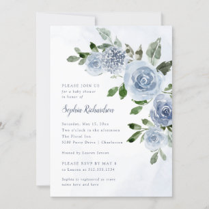 Invitation Elégant Baby shower floral couleur bleu Dusty