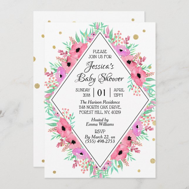 Invitation Elégant Baby shower floral d'aquarelle de printemp (Devant / Derrière)