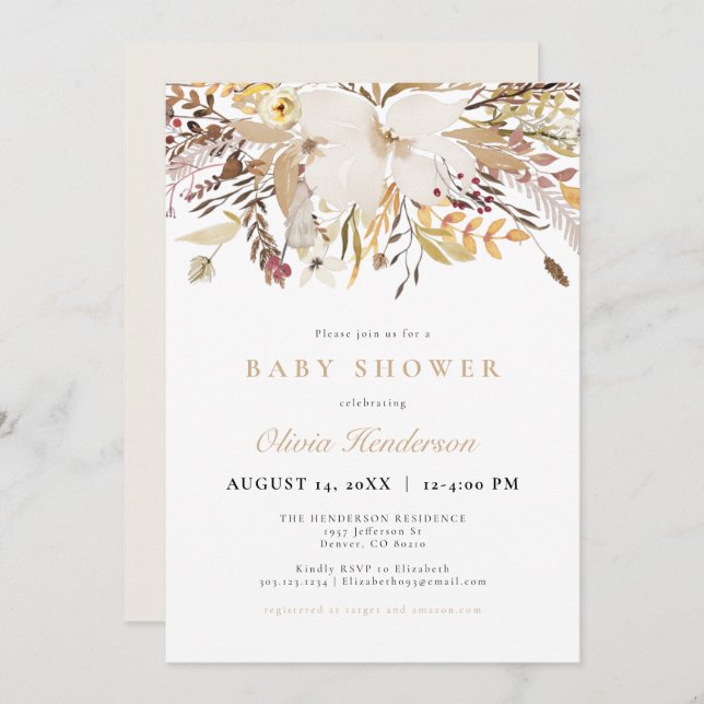 Invitation Élégant Baby shower floral de la chute bohème (Devant / Derrière)