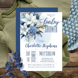 Invitation Elégant Baby shower Floral d'hiver bleu