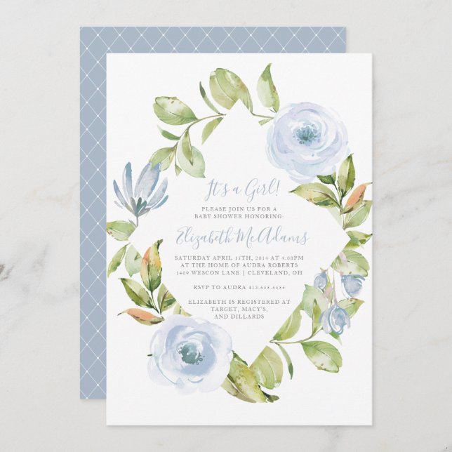 Invitation Élégant Baby shower Floral Diamond Dusty Blue (Devant / Derrière)