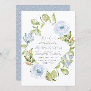 Invitation Élégant Baby shower Floral Diamond Dusty Blue
