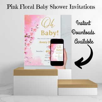 Invitation Élégant Baby shower floral en bois de pin rose or