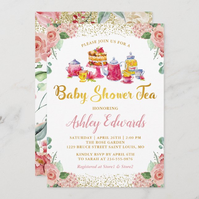 Invitation Elégant Baby shower Floral Garden Tea Party (Devant / Derrière)