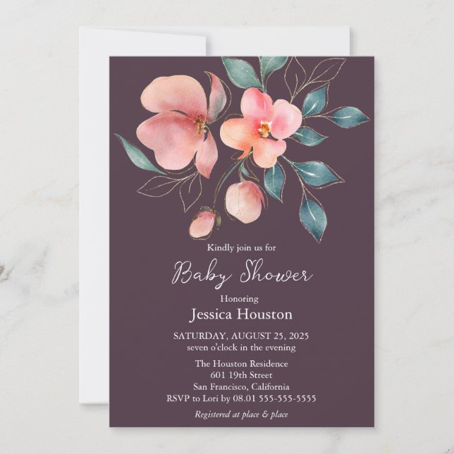 Invitation Élégant Baby shower floral moderne rose et or (Devant)