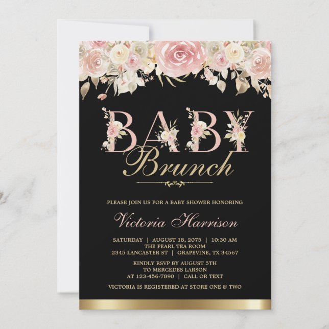 Invitation Elégant Baby shower Floral Pink Black Gold Brunch (Devant)