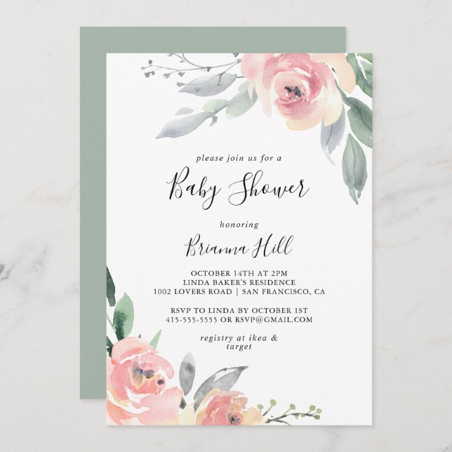 Invitation Élégant Baby shower floral rose (Devant / Derrière)
