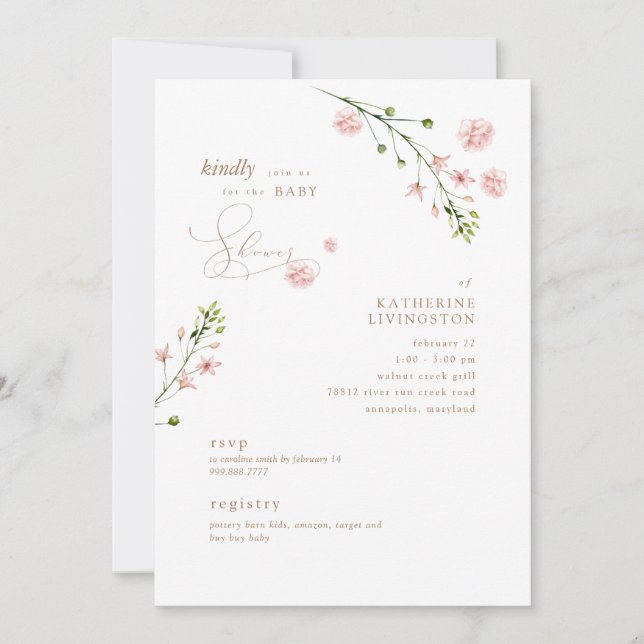 Invitation Elégant Baby shower floral rose (Devant)