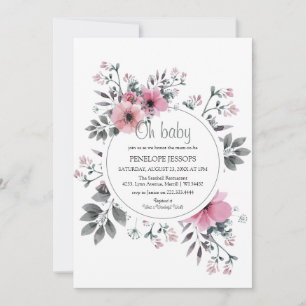 Invitation Élégant Baby shower floral rose et gris "Oh Baby"
