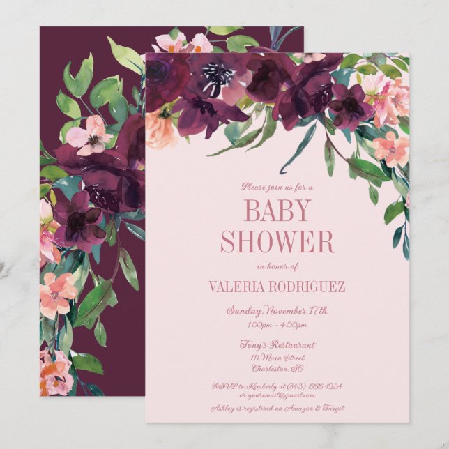 Invitation Élégant Baby shower floral rose rose bordeaux (Devant / Derrière)