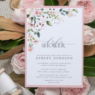 Invitation Élégant Baby shower floral rose Script fille