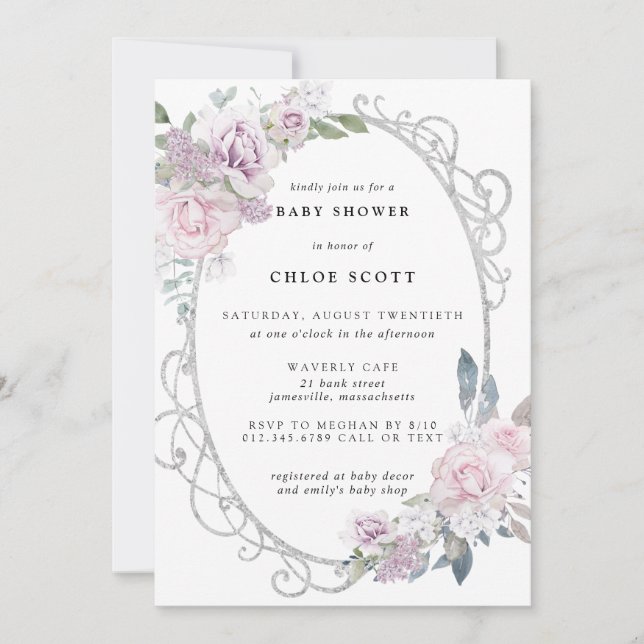 Invitation Élégant Baby shower Floral rose violet (Devant)