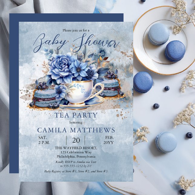 Invitation Elégant Baby shower Floral Teacup (Blue Elegant Floral Teacup and Macarons Baby Shower Tea Party Invitation - Print | Digital Download)