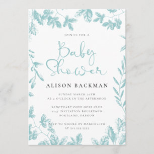 Invitation Élégant Baby shower floral Turquoise de couleur bl