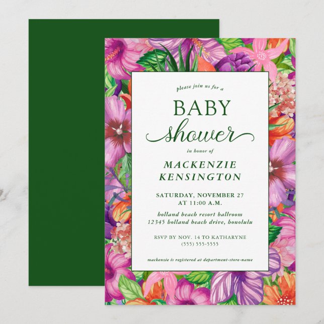 Invitation Élégant Baby shower floral vert tropical (Devant / Derrière)