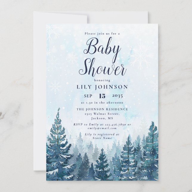 Invitation Élégant Baby shower forestier de pins d'hiver (Devant)