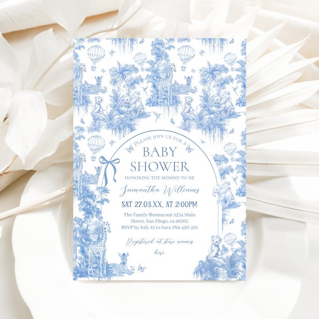 Invitation Elégant Baby shower Garçon Toile Bleu Safari (Créateur téléchargé)
