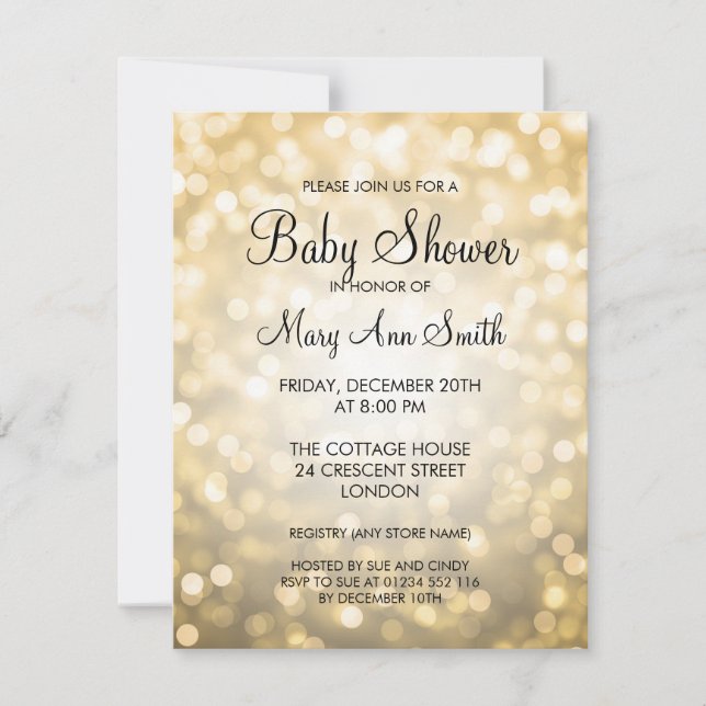 Invitation Elegant Baby Shower Gold Glitter Lights (Devant)