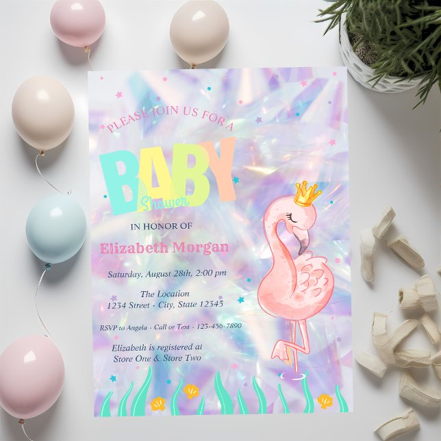Invitation Élégant Baby shower holographique Flamant rose (Créateur téléchargé)