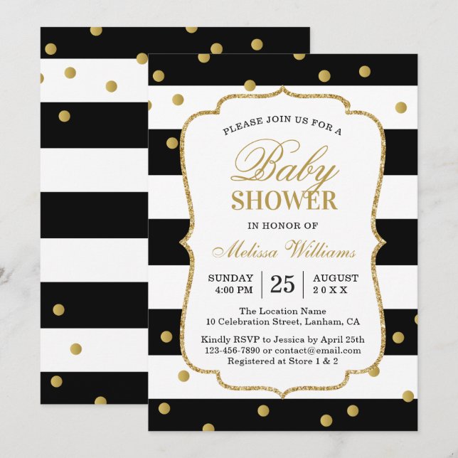 Invitation Elégant Baby shower moderne Black White Stripes (Devant / Derrière)