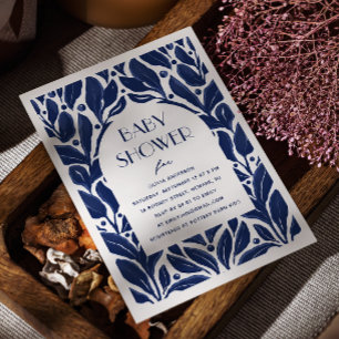 Invitation Elégant baby shower moderne marine bleu floral hui