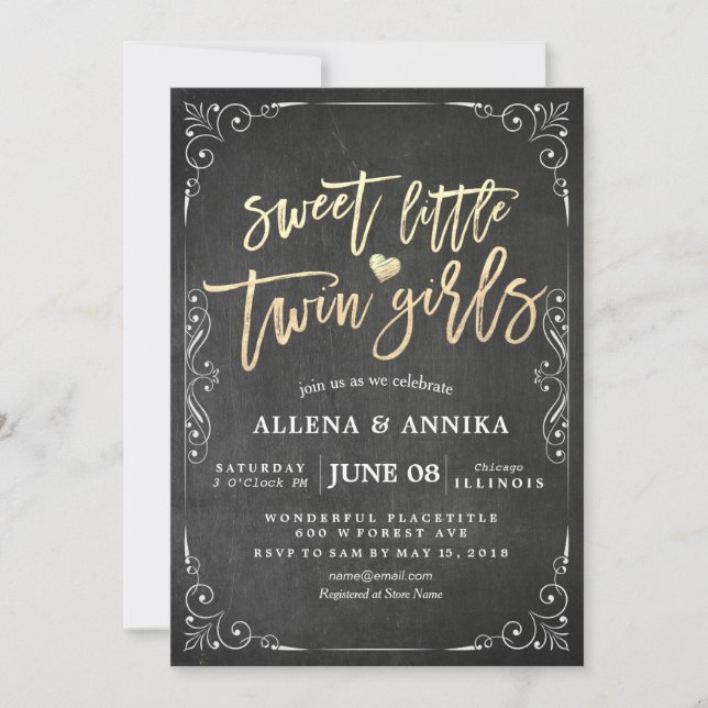 Invitation Elégant Baby shower noir blanc Sweet Little Twins (Devant)