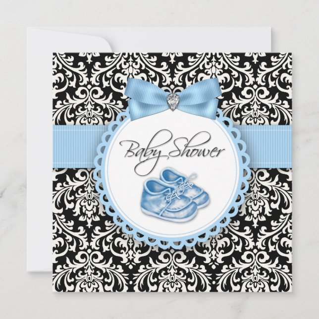 Invitation Elégant Baby shower noir et bleu Damas (Devant)