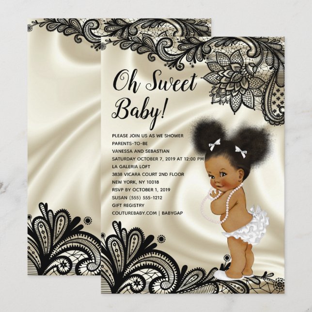 Invitation Elégant Baby shower noir et ivoire Afro Puffs (Devant / Derrière)
