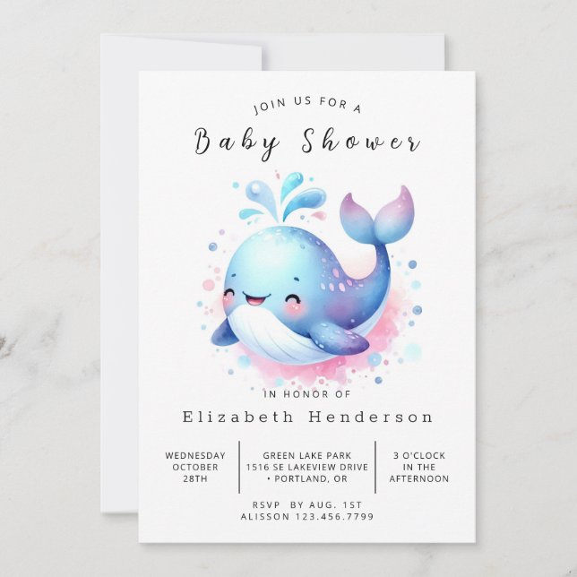 Invitation Élégant Baby shower numérique baleine (Devant)