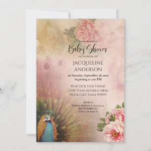 Invitation Elégant Baby shower Peacock Blush Peony Flowers
