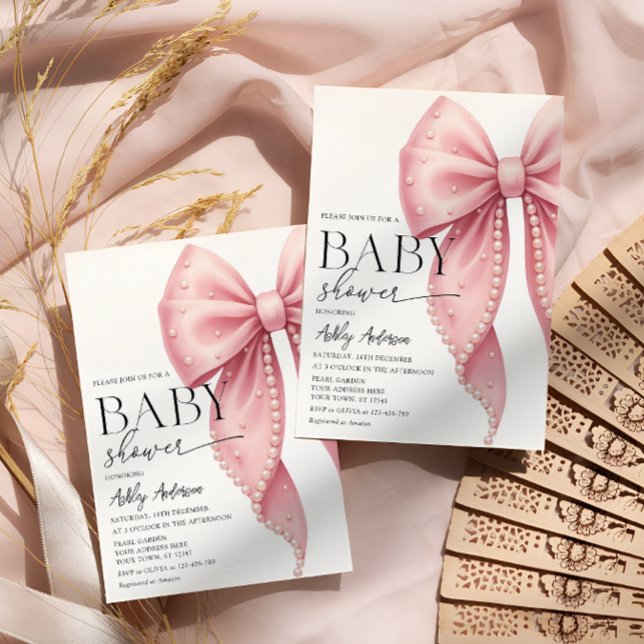 Invitation Elégant Baby shower Pearl Rose Bow Girl (Créateur téléchargé)