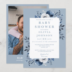 Invitation Elégant Baby shower photo bleu bleu bleu foncé