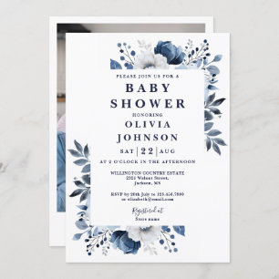 Invitation Elégant Baby shower photo bleu floral de la marine