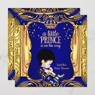 Invitation Elégant Baby shower Prince Bleu Gold Brunette