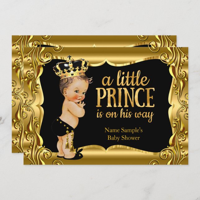 Invitation Elégant Baby shower Prince Noir Gold Brunette (Devant / Derrière)