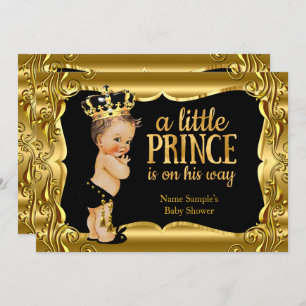Invitation Elégant Baby shower Prince Noir Gold Brunette